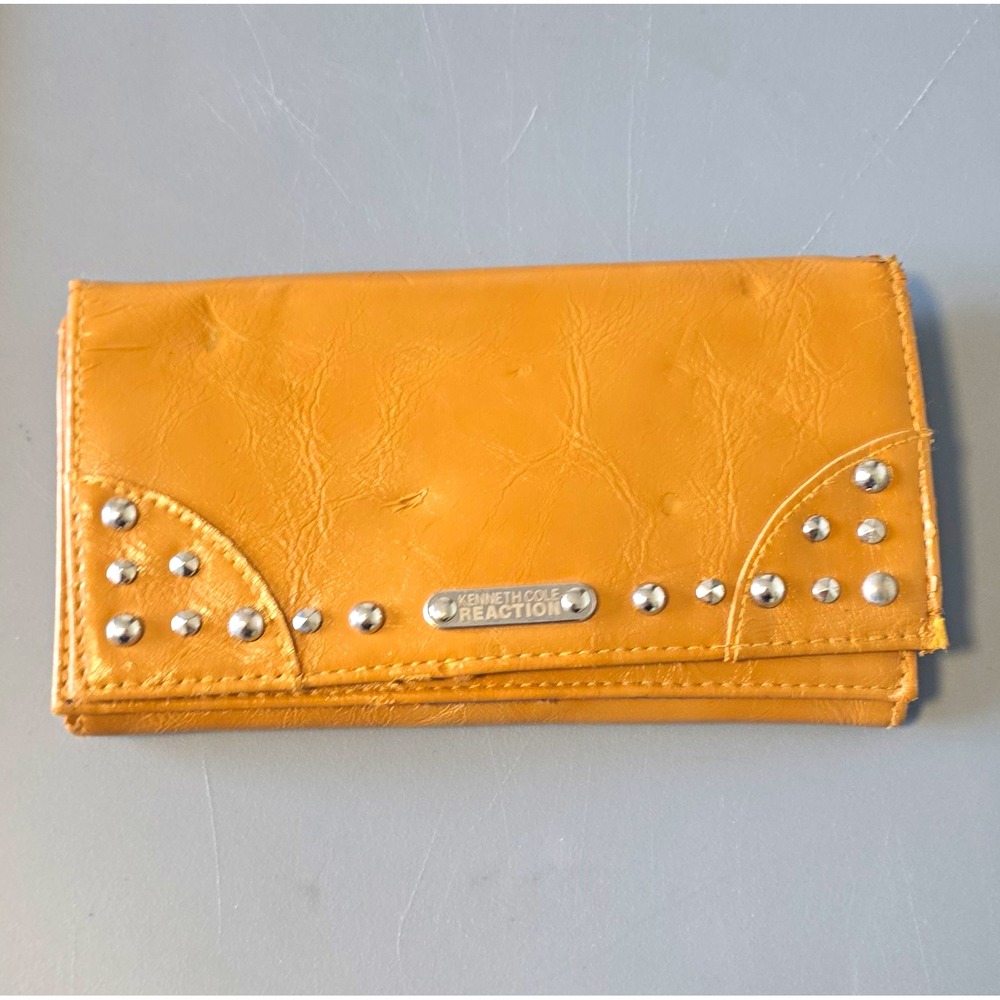 Kenneth Cole Reaction Women's Tan Studded Foldover Wallet w/ Zip Coin, Logo
